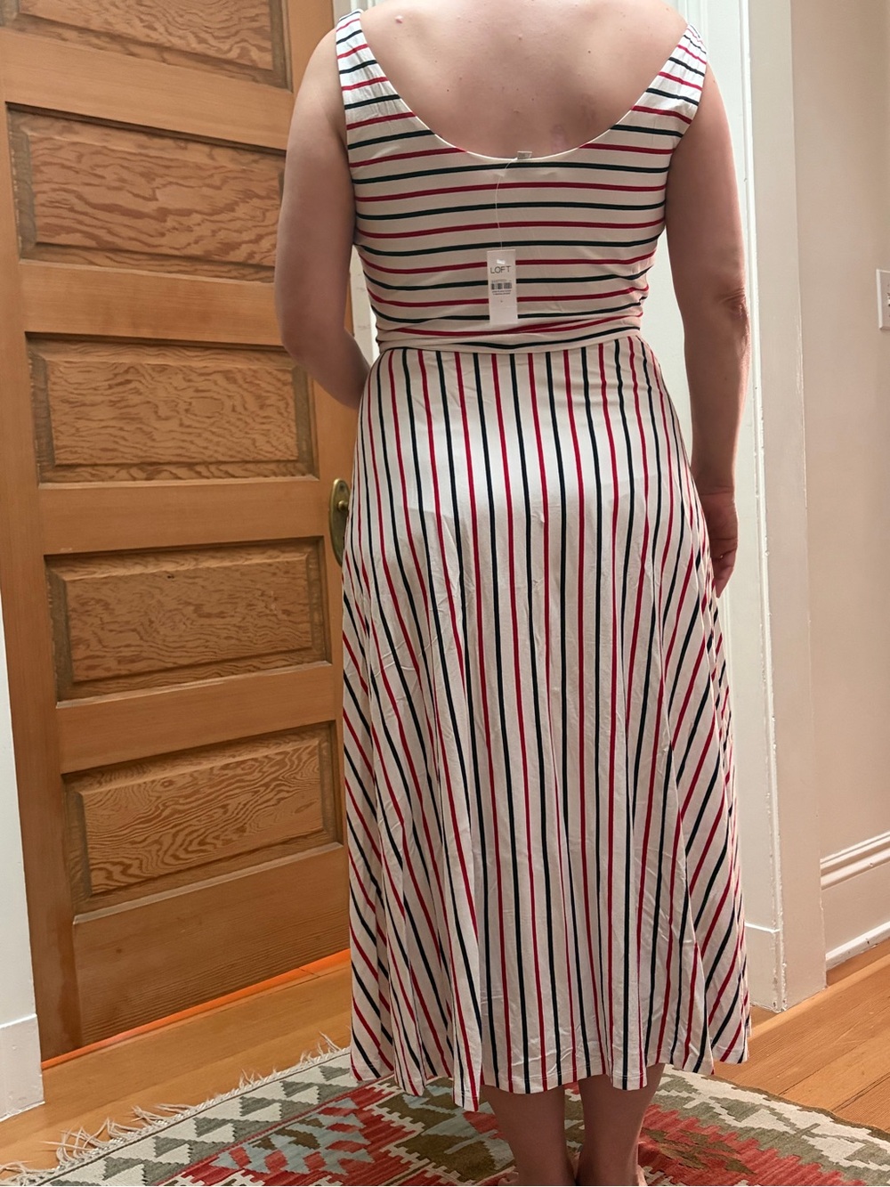 Striped Red and Black Belted Midi Dress - Women NWT Loft beand
